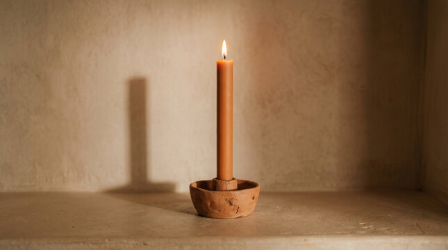 Minimalist candle background with a single burning taper candle in a rustic terracotta holder against a warm textured plaster wall for cozy home decor and wellness branding