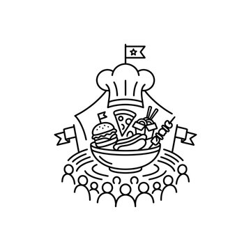 Culinary emblem featuring chef hat over bowl of assorted foods.