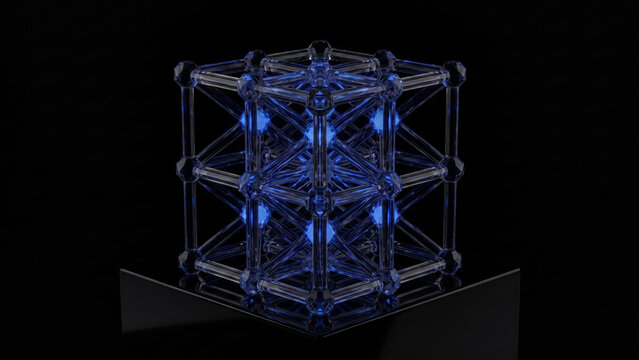 暗黒の空間でエネルギーを蓄積し青く発光する時間結晶の3D格子構造を表した抽象CG画像