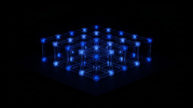 暗黒の空間でエネルギーを蓄積し青く発光する時間結晶の3D格子構造を表した抽象CG画像