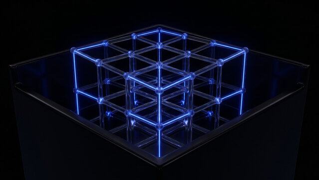 暗黒の空間でエネルギーを蓄積し青く発光する時間結晶の3D格子構造を表した抽象CG画像
