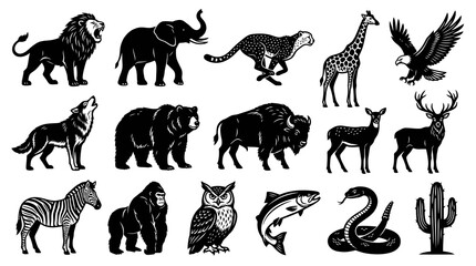 Fototapeta premium Wildlife Animals Vector Icons Set. Black White Nature Glyphs and Line Art Collection