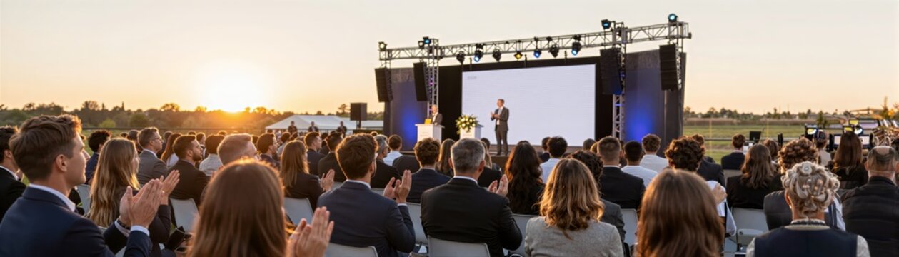 Captures Formal Outdoor Event Sunset Sunrise Given Golden Hue In Sky Main Subject Individual Standing On Stage Addressing Audience