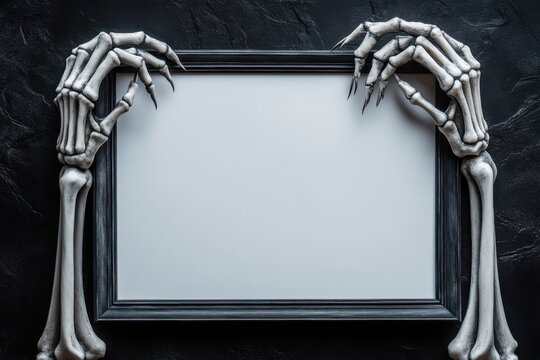 Spooky halloween background with skeleton hands holding vintage frame around empty copy space