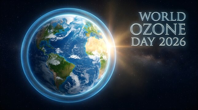 World Ozone Day 2026 banner poster Planet Earth from space protected by glowing ozone shield concept