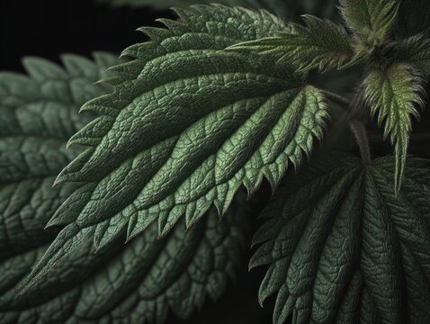 Close up of fuzzy green nettle leaves