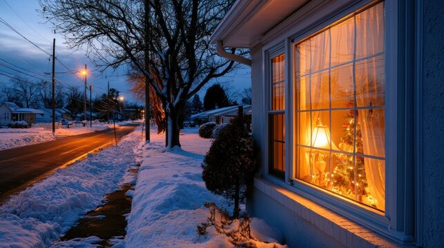 Snowy street with a glowing window and christmas tree