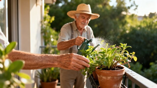 Gardening Senior Man Watering Potted Plants on Balcony in Sunlight