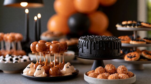 Styled Halloween dessert table featuring black cake, ghost-shaped treats, caramel apples, and assorted cookies with festive decorations in a modern setting