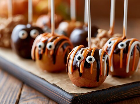 Halloween caramel apples on sticks decorated with chocolate and candy eyes, arranged on a wooden platter with a rustic background and additional treats visible