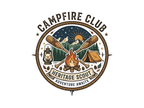 Campfire club logo with vintage camping elements and heritage scout adventure theme