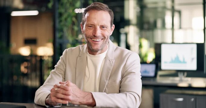 Face, smile and businessman in office, about us and investment analyst with pride for private equity. Happy, mature person and portrait of finance executive at work, experience or career integrity