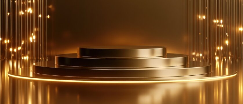 Golden podium with bokeh lights abstract background