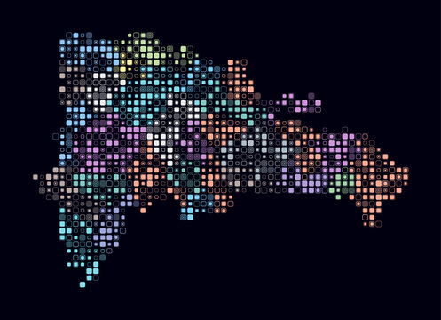 Dominican Republic, shape of the country build of colored cells. Digital style map of the Dominican Republic on dark background. Small size rounded square blocks. Plain vector illustration.