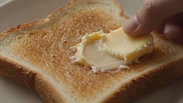 Close up of a hand spreading soft creamy butter on a slice of golden toasted bread on a plate for breakfast, morning snack, delicious food concept, melting butter, snack time