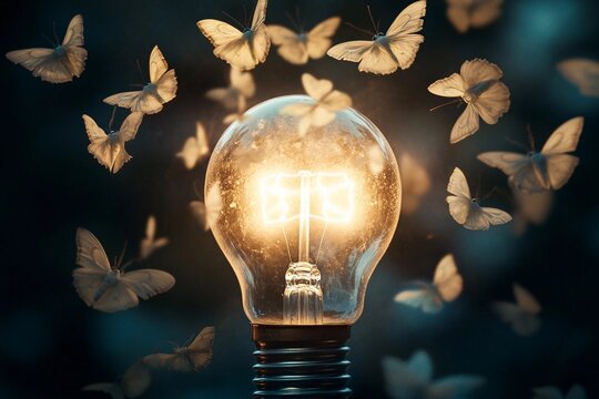 Mesmerizing dance of moths around a glowing light bulb in twilight