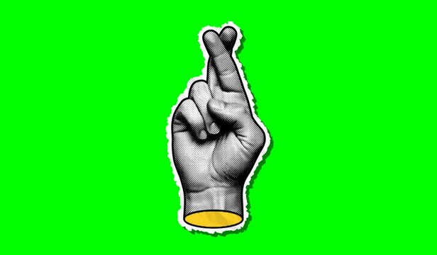 Retro Halftone Reassurance Hand Gesture on Green Screen Vintage Care Comfort Sign Chroma Key Loop