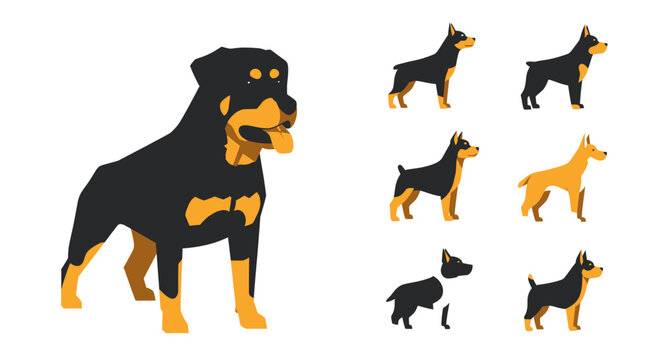 Stylized vector illustrations of various dog breeds, including a prominent Rottweiler and a collection of smaller canine figures.