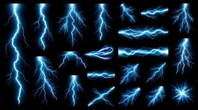A premium collection of realistic blue lightning bolt effects isolated on a transparent or pure black background. The pack features multiple unique lightning strikes in different shapes and sizes, inc
