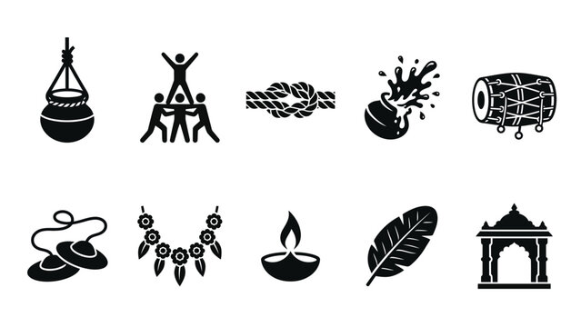 Traditional indian festival icons with dahi handi, diya lamp, and temple.