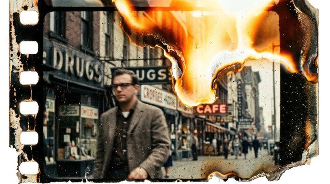 Man walking down burning city street.