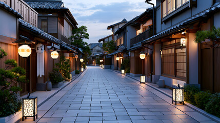 Fototapeta premium Serene Evening Streetscape in Traditional Japanese Architecture