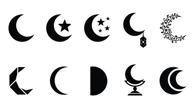 Crescent moon silhouettes collection featuring various lunar phase icons for night sky design.