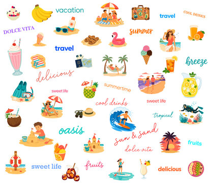 Vector set of summer vacation and relaxation icons with cocktail, beach umbrella, sun lounger, palm tree and suitcase concept of leisure travel