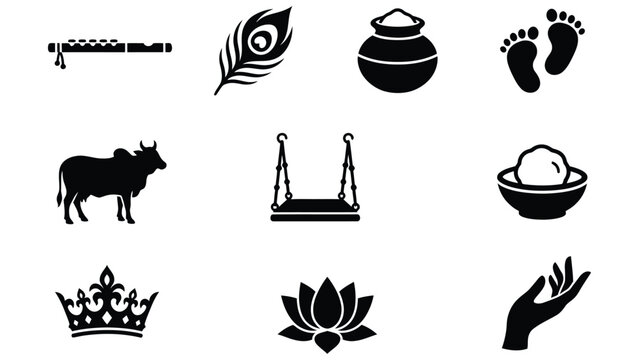 Lord Krishna attributes black glyph icons set, symbols of hindu deity and mythology.