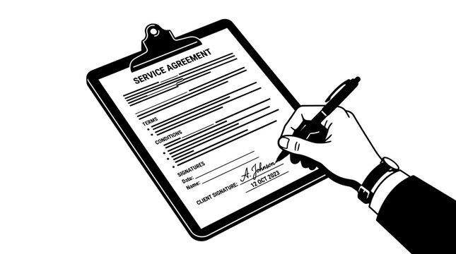 Hand signing service agreement contract on clipboard
