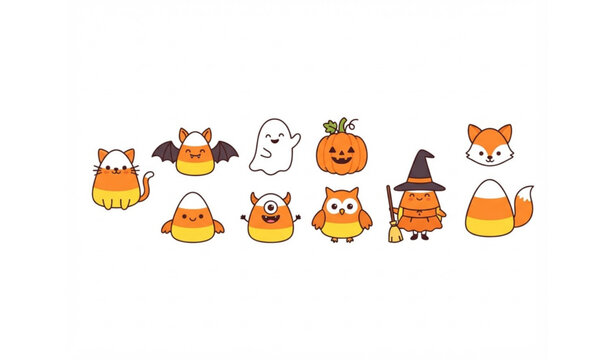 Cute Halloween candy corn fantasy character vector set with animals and spooky creatures