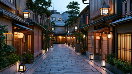 Fototapeta premium Serene Traditional Street in Historic District at Twilight