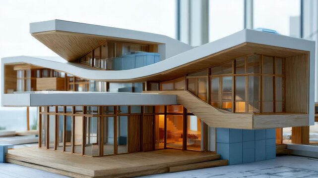 Modern architectural model with flowing lines and natural materials