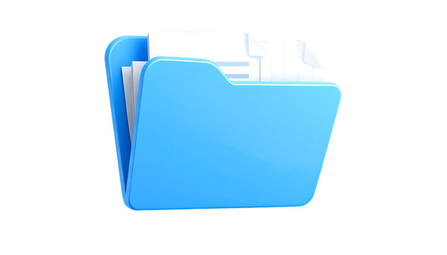 Light blue 3D file folder icon with white document papers peeking out from inside, rounded modern design, folder tab slightly raised, soft shadow, isolated on transparent background