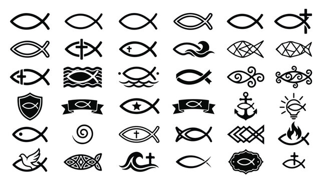 Christian Ichthys fish symbols set, 36 black religious icons with cross and anchor elements, spiritual church vector graphics for branding