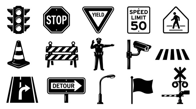 Black and White Icons of Traffic Signs, Road Symbols and Safety Equipment