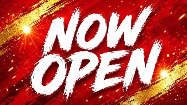 NOW OPEN Text Reveal on Red Background with Gold Sparks