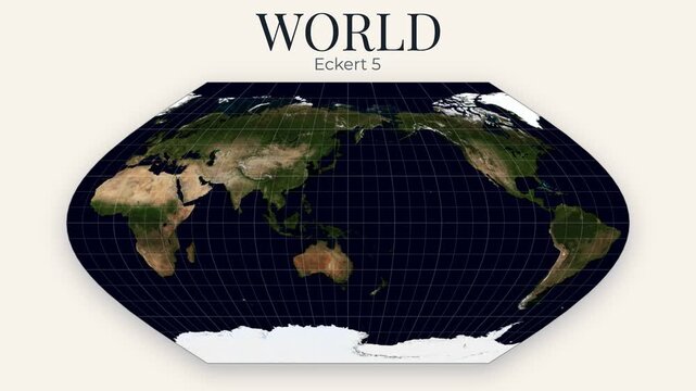 World Map Eckert 5 projection. Rotating Earth with topography and graticule lines. Cinematic atlas style. Seamless loop. 4K resolution. Elements of this animation derived from NASA imagery.