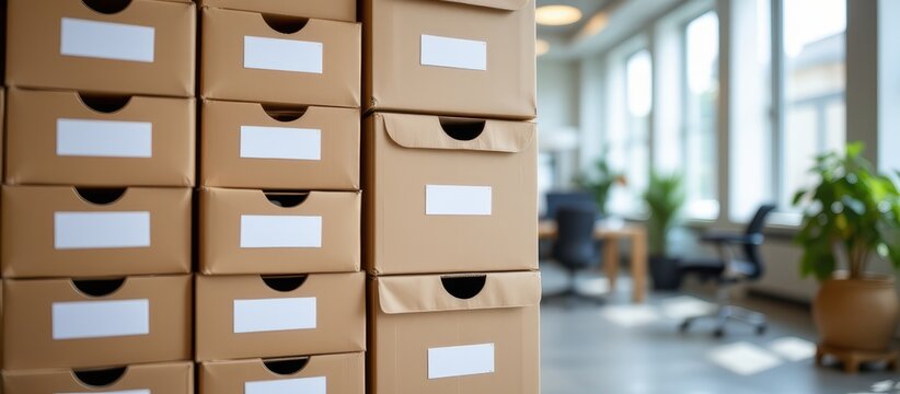 Stacked cardboard storage boxes in a bright, modern office space with blurred furniture and plants.