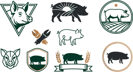 Organic Pig Farming Agriculture Logo Collection Vector Featuring Minimalist Geometric Lineart Swine Crest Shield Continuous Line Piglet Crop Rows and Lucky Rope Wreath Elements © MstAnzu