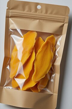Dried mango slices inside brown paper pouch on white background. Tropical fruit pieces packed in eco friendly container for sale. Healthy orange snacks organic nourishment for travel, diet. Sweet