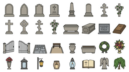 Obraz premium Cemetery and funeral icons set, 32 graveyard headstone and tombstone vector elements, memorial burial ground symbols for mourning