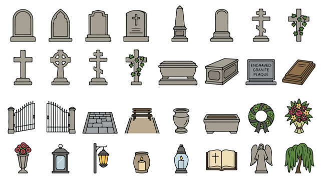 Cemetery and funeral icons set, 32 graveyard headstone and tombstone vector elements, memorial burial ground symbols for mourning