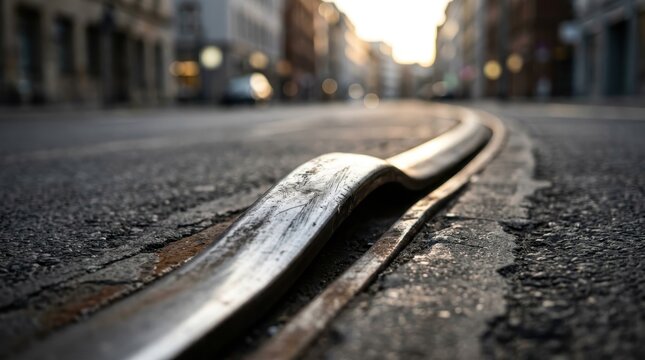 Damaged tram track on an urban city street at golden hour