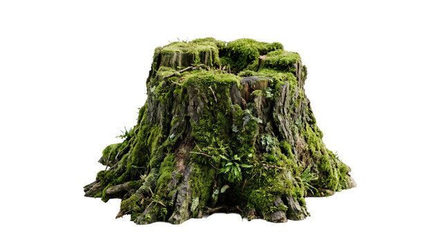 Mossy tree stump isolated on white background, ancient forest wood log with green moss texture, natural organic garden element for landscape design
