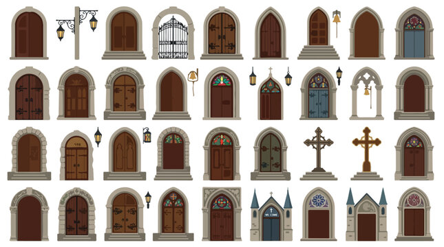 Medieval gothic doors and stone arches collection, set of 32 vintage architectural elements, ancient wooden castle gates and church portals