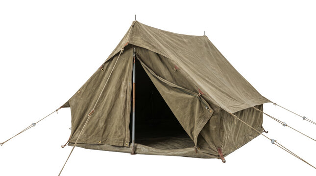 Vintage military canvas tent isolated on white background, olive drab army camping shelter, retro heavy duty canvas scout tent for outdoor survival