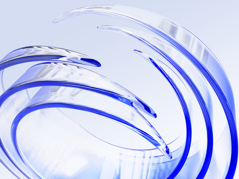Glass circle striped effect on light blue 3d background. Abstract circular linear pattern of dynamic transparent layer ribbons with sharp edges. Elegant wallpaper, futuristic tech. 3D illustration