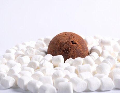 Milk chocolate hot cocoa bomb with mini marshmallows isolated on white.