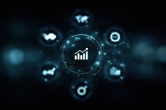 A business graphic showing futuristic ideas, effective analytics, global business, corporate sustainability, standard condition, steady progress, and financial return.